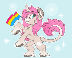 Size: 1321x1080 | Tagged: safe, anonymous artist, oc, oc only, oc:tarot, classical unicorn, pony, unicorn, blue eyes, chest fluff, cloven hooves, curved horn, cute, ear piercing, earring, female, flag, floppy ears, fluffy, freckles, horn, jewelry, leonine tail, lgbt, long mane, mare, palomino, pansexual, pansexual pride flag, piercing, pink mane, pride, pride flag, pride month, simple background, solo, unshorn fetlocks