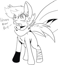 Size: 2783x3119 | Tagged: safe, artist:steelsoul, oc, oc:himmel, clothes, colt, dialogue, heroes never die, high res, male, monochrome, scarf, tail band, tail wrap