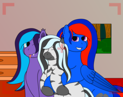 Size: 6318x5000 | Tagged: safe, artist:northern-frost, oc, oc:glory solaris, oc:midnight whistle, oc:northern frost, bat pony, pegasus, pony, zebra, absurd resolution, adopted offspring, eyes closed, family photo, looking at camera, offscreen character, one eye closed, smiling, tongue out, wink