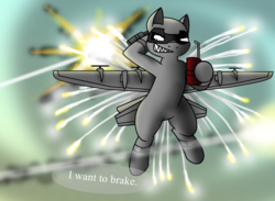 Size: 1532x1120 | Tagged: safe, artist:pencil bolt, oc, oc only, oc:explosive angel, original species, plane pony, pony, ac-130, explosion, flare, flying, lockheed corporation, missile, oil, plane, smiling