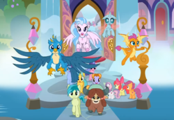 Size: 1021x705 | Tagged: safe, screencap, apple bloom, gallus, ocellus, sandbar, scootaloo, silverstream, smolder, sweetie belle, yona, changedling, changeling, classical hippogriff, dragon, earth pony, griffon, hippogriff, pegasus, pony, unicorn, yak, g4, marks for effort, bow, cloven hooves, cute, cutie mark crusaders, diaocelles, diastreamies, dragoness, female, flying, gallabetes, hair bow, jewelry, looking at you, male, monkey swings, necklace, sandabetes, school of friendship, smolderbetes, student six, teenager, yonadorable