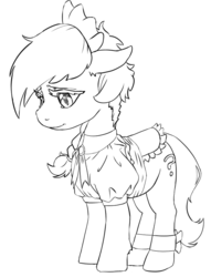 Size: 742x969 | Tagged: safe, artist:lockhe4rt, oc, oc only, oc:filly anon, pony, bottomless, clothes, female, filly, maid, partial nudity, saddle, solo, tack
