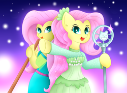 Size: 1500x1100 | Tagged: safe, artist:berryveloce, artist:link1103, fluttershy, pegasus, pony, g4, my little pony equestria girls: better together, so much more to me, broom, clothes, collaboration, dress, equestria girls ponified, human pony fluttershy, microphone, open mouth, ponified, scene interpretation, singing