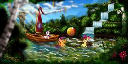 Size: 12800x6400 | Tagged: safe, artist:darksly, apple bloom, scootaloo, sweetie belle, earth pony, pegasus, pony, unicorn, g4, absurd resolution, beach ball, boat, column, cutie mark crusaders, female, filly, pond, scenery, tree, water, waterfall