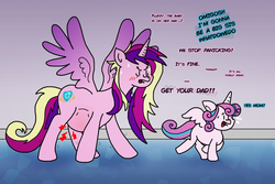 Size: 1500x1000 | Tagged: safe, artist:goodie-bag, derpibooru exclusive, princess cadance, princess flurry heart, alicorn, pony, g4, angry, belly, big belly, blank flank, blushing, cutie mark, dialogue, duo, duo female, female, filly, foal, labor, mare, messy mane, mother and daughter, nervous, older, older flurry heart, open mouth, paint.net, pregdance, pregnant, running, scared, spread wings, sweat, sweatdrops, talking, text, wings, yelling