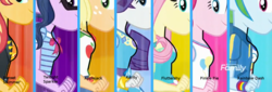 Size: 1280x435 | Tagged: safe, edit, edited screencap, screencap, applejack, fluttershy, pinkie pie, rainbow dash, rarity, sci-twi, sunset shimmer, twilight sparkle, equestria girls, equestria girls specials, g4, my little pony equestria girls: better together, my little pony equestria girls: rollercoaster of friendship, body types, boobshot, breast chart, breasts, comparison, geode of empathy, geode of fauna, geode of shielding, geode of sugar bombs, geode of super speed, geode of super strength, geode of telekinesis, humane five, humane seven, humane six, magical geodes, physique difference, pictures of chests, profile, side view, slender, thin