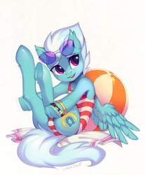 Size: 1280x1545 | Tagged: safe, artist:share dast, fleetfoot, pegasus, pony, g4, beach ball, beach towel, bracelet, clothes, commission, cutie mark, female, human shoulders, jewelry, looking up, mare, one-piece swimsuit, simple background, solo, sunglasses, swimsuit, white background, wings