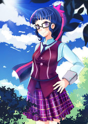 Size: 600x849 | Tagged: safe, artist:love2eategg, sci-twi, twilight sparkle, equestria girls, g4, anime, clothes, crystal prep academy uniform, female, glasses, hand on hip, human coloration, looking at you, pleated skirt, ponytail, scenery, school uniform, skirt, smiling, solo