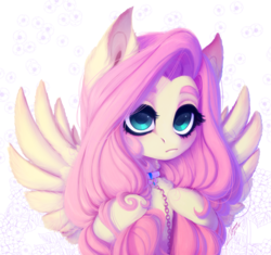 Size: 2387x2240 | Tagged: dead source, safe, artist:shenki, fluttershy, pegasus, pony, g4, collar, cute, cutie mark collar, female, fluffy, high res, leash, long mane, looking at you, raised eyebrows, shyabetes, solo, spread wings, wings