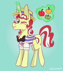 Size: 792x899 | Tagged: safe, artist:pink-pone, flim, earth pony, pony, g4, apple, food, magic, male, one eye closed, solo, wink