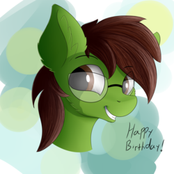 Size: 2500x2500 | Tagged: safe, artist:lunar froxy, oc, oc only, oc:analogue, earth pony, pony, abstract background, birthday gift art, eye clipping through hair, high res, male, smiling, solo, stallion