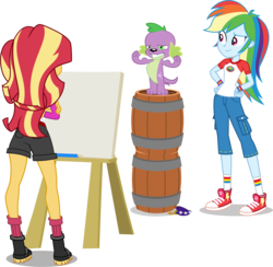Size: 3961x3871 | Tagged: safe, artist:keronianniroro, artist:limedazzle, artist:misteraibo, artist:red4567, editor:slayerbvc, rainbow dash, spike, spike the regular dog, sunset shimmer, dog, equestria girls, g4, my little pony equestria girls: legend of everfree, away from viewer, barrel, bipedal, boots, canvas, converse, easel, female, flexing, high res, looking good spike, modeling, pencil, pose, shoes, show accurate, simple background, sneakers, spike's dog collar, transparent background, vector