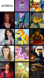 Size: 430x756 | Tagged: safe, granny smith, princess cadance, queen chrysalis, spitfire, g4, actress, britt mckillip, comparisons, exploitable meme, harumi, kathleen barr, lego, lego ninjago, meme, misako garmadon, mistake, my little pony logo, nicole oliver, ninjago: masters of spinjitzu, nya smith, same voice actor, tabitha st. germain, voice actor