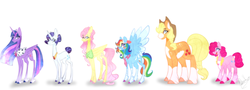 Size: 3800x1375 | Tagged: safe, artist:iheyyasyfox, applejack, fluttershy, pinkie pie, rainbow dash, rarity, twilight sparkle, alicorn, pony, g4, alternate design, apron, clothes, coat markings, diverse body types, feathered fetlocks, folded wings, glasses, height difference, mane six, older, pale belly, physique difference, slender, socks (coat markings), spread wings, thin, thin legs, twilight sparkle (alicorn), two toned wings, wings