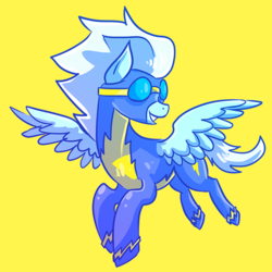 Size: 693x693 | Tagged: safe, artist:supremeowl, fleetfoot, pegasus, pony, g4, clothes, female, flying, goggles, looking back, mare, simple background, solo, uniform, wonderbolts uniform, yellow background