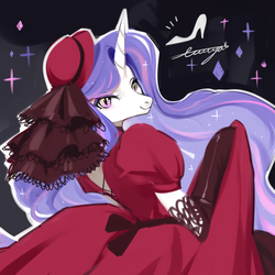 Size: 787x787 | Tagged: safe, artist:ciciya, unicorn, semi-anthro, clothes, dress, evening gloves, female, gloves, hat, long gloves, looking at you, looking back, mare, smiling, solo