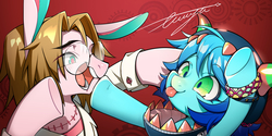 Size: 1182x591 | Tagged: safe, artist:ciciya, oc, oc only, :p, abstract background, bracelet, clothes, costume, cute, duo, face shove, female, glasses, jewelry, looking at each other, male, mare, shoving, silly face, smiling, stallion, tongue out