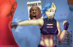 Size: 3100x2000 | Tagged: safe, artist:mopyr, oc, oc only, oc:camilia, anthro, armpits, clothes, dumbbell (object), female, fingerless gloves, gloves, high res, old spice, old spice guy, punching bag, shorts, solo, sports bra, terry crews, weights
