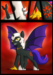 Size: 3024x4299 | Tagged: safe, artist:theravencriss, oc, oc only, oc:fallenlight, alicorn, bat pony, bat pony alicorn, pony, comic:curse and madness, armor, bat wings, clothes, comic, cutie mark, female, forked horn, gauntlet, helmet, horn, jewelry, mare, membranous wings, mlpcam, necklace, oc villain, red and black oc, shoes, solo focus