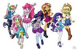 Size: 1200x779 | Tagged: safe, artist:chibi-jen-hen, derpibooru exclusive, applejack, fluttershy, pinkie pie, rainbow dash, rarity, sci-twi, spike, spike the regular dog, sunset shimmer, twilight sparkle, dog, equestria girls, g4, my little pony equestria girls: better together, boots, clothes, converse, cowboy hat, cute, dashabetes, denim skirt, diapinkes, discussion in the comments, dress, feet, female, freckles, geode of empathy, geode of fauna, geode of shielding, geode of sugar bombs, geode of super speed, geode of super strength, geode of telekinesis, glasses, hairpin, hat, high heel boots, high heels, humane five, humane seven, humane six, jackabetes, jacket, looking at you, magical geodes, pantyhose, paws, ponytail, raribetes, sandals, shimmerbetes, shoes, shyabetes, skirt, smiling, sneakers, socks, spike's dog collar, stetson, twiabetes