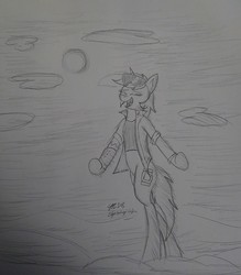 Size: 1694x1930 | Tagged: safe, artist:derpanater, oc, oc only, oc:littlepip, pony, unicorn, fallout equestria, bipedal, black and white, clothes, cloud, cutie mark, eyes closed, fall out boy, fanfic, fanfic art, female, grayscale, hooves, horn, jumpsuit, mare, monochrome, open mouth, pipbuck, singing, solo, sun, sunglasses, traditional art, vault suit