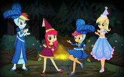 Size: 2258x1409 | Tagged: safe, artist:invisibleink, apple bloom, applejack, rainbow dash, scootaloo, equestria girls, for whom the sweetie belle toils, g4, look before you sleep, bonfire, campfire, camping, clearing, clothes, commission, costume, dress, fire, freckles, froufrou glittery lacy outfit, happy, hat, having fun, hennin, jewelry, legs, looking at each other, necklace, open mouth, princess, princess apple bloom, princess applejack, smiling, smiling at each other, tree, william shakespeare