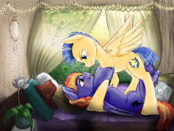 Size: 1024x768 | Tagged: safe, artist:evlass, flash sentry, oc, oc:jade spark, pegasus, pony, g4, bedroom eyes, blushing, canon x oc, commission, jadentry, lidded eyes, looking at each other, lying, on back, pegasus x pegasus, shipping, smiling, ych result