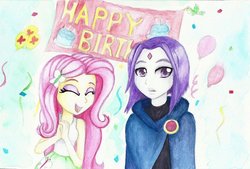 Size: 1024x692 | Tagged: safe, artist:astevenamedwolf, fluttershy, equestria girls, g4, clothes, crossover, cute, eyes closed, female, happy birthday, raven (dc comics), shyabetes, smiling, traditional art