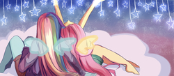 Size: 1600x700 | Tagged: safe, artist:dez, fluttershy, rainbow dash, equestria girls, g4, cloud, female, lesbian, on a cloud, ship:flutterdash, shipping, sitting on a cloud, stars