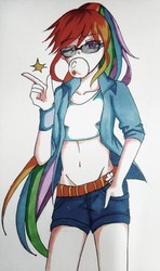 Size: 756x1280 | Tagged: safe, artist:dez, rainbow dash, human, g4, belly button, bubblegum, clothes, female, food, gum, humanized, jacket, looking at you, midriff, one eye closed, shorts, solo, traditional art, wink