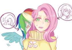 Size: 1000x700 | Tagged: safe, artist:dez, fluttershy, rainbow dash, human, g4, blushing, clothes, female, hiding, humanized, lesbian, ship:flutterdash, shipping, simple background, white background, winged humanization, wings