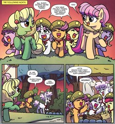Size: 1113x1201 | Tagged: safe, artist:agnesgarbowska, official comic, apple bloom, aunt holiday, auntie lofty, lily longsocks, pearly stitch, scootaloo, sweetie belle, earth pony, pegasus, pony, unicorn, g4, idw, ponyville mysteries, spoiler:comic, spoiler:comicponyvillemysteries3, alternate design, comic, cutie mark crusaders, elderly, female, filly, mare