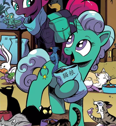 Size: 708x768 | Tagged: safe, artist:andypriceart, idw, official comic, glitter drops, tempest shadow, bird, cat, lizard, pony, rabbit, unicorn, g4, spoiler:comic, spoiler:comic67, animal, cat food, cropped, female, mare, tempest's tale