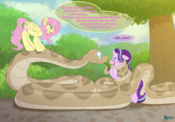Size: 5000x3500 | Tagged: safe, artist:fluffyxai, fluttershy, starlight glimmer, pegasus, pony, snake, unicorn, g4, alternate hairstyle, bondage, coils, dock, female, fetish, forest, hypnotized, kaa eyes, mare, mind control, speech bubble, tail, tongue out, tree, wrapped up