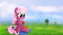 Size: 3840x2160 | Tagged: safe, artist:startledflowerpony, cheerilee, butterfly, earth pony, pony, g4, apple, basket, blanket, cheeribetes, cute, female, food, fruit, grass, high res, holding, mare, sitting, solo, tree