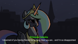 Size: 850x480 | Tagged: safe, artist:plunger, princess celestia, alicorn, pony, g4, 4chan, dialogue, disappointed, drawthread, fallout, fallout 4, female, grimace, night, ponified, request