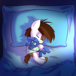 Size: 1000x1000 | Tagged: safe, artist:empyu, pipsqueak, princess luna, earth pony, pony, g4, bed, colt, cute, female, luna plushie, male, pillow, plushie, sleeping, solo