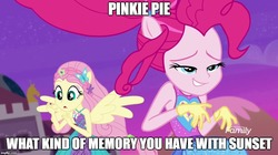 Size: 888x499 | Tagged: safe, edit, edited screencap, screencap, fluttershy, pinkie pie, equestria girls, equestria girls specials, g4, my little pony equestria girls: better together, my little pony equestria girls: forgotten friendship, caption, clothes, discovery family logo, enjoying, gloves, implied sunsetpie, jazz hands, lip bite, ponied up, text, wings