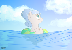 Size: 5000x3500 | Tagged: safe, artist:fluffyxai, oc, oc only, oc:whistle wind, pony, floating, inner tube, ocean, ponytail, pool toy, solo, swimming