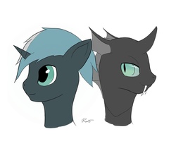 Size: 1668x1493 | Tagged: safe, artist:randagio, derpibooru exclusive, oc, oc only, oc:idol hooves, changeling, pony, unicorn, fanfic:the changeling of the guard, bust, disguise, disguised changeling, duo, fanfic art, fangs, simple background