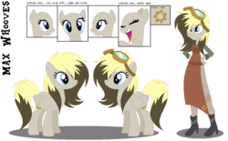 Size: 1020x631 | Tagged: safe, artist:nightmarye, oc, oc only, oc:max whooves, pegasus, pony, equestria girls, g4, female, goggles, mare, offspring, parent:derpy hooves, parent:doctor whooves, parents:doctorderpy, reference sheet, simple background, solo, transparent background