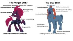 Size: 1280x720 | Tagged: safe, tempest shadow, tirac, pony, unicorn, g1, g4, my little pony: the movie, rescue at midnight castle, angry, chad, comparison, derail in the comments, discussion in the comments, downvote bait, exploitable meme, meme, op is a duck, op is trying to start shit, op is trying to start shit so badly that it's kinda funny, sia (singer), simple background, virgin, virgin walk, white background