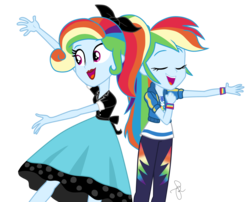 Size: 1050x850 | Tagged: safe, artist:ilaria122, edit, vector edit, rainbow dash, equestria girls, equestria girls specials, g4, my little pony equestria girls: better together, my little pony equestria girls: rollercoaster of friendship, so much more to me, 1950s, 1950s rainbow dash, 50's fashion, alternate hairstyle, clothes, confrontation, cute, dashabetes, dress, duality, eyes closed, geode of super speed, lipstick, magical geodes, multicolored hair, open mouth, pants, ponytail, poodle skirt, rainbow dash always dresses in style, red lipstick, self paradox, shirt, simple background, singing, skirt, smiling, sockhop, sweatshirt, t-shirt, transparent background, vector, wristband