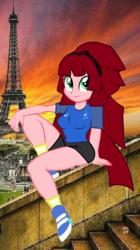 Size: 628x1124 | Tagged: safe, artist:aboimages03, oc, oc only, oc:agripina, equestria girls, g4, clothes, eiffel tower, shirt, shorts, smiling, solo