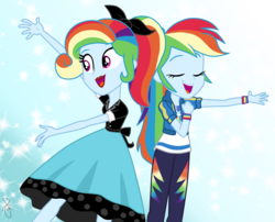 Size: 1050x850 | Tagged: safe, alternate version, artist:ilaria122, rainbow dash, equestria girls, equestria girls specials, g4, my little pony equestria girls: better together, my little pony equestria girls: rollercoaster of friendship, so much more to me, 1950s rainbow dash, 50's fashion, alternate hairstyle, clothes, confrontation, cute, dashabetes, eyes closed, geode of super speed, lipstick, magical geodes, makeup, multicolored hair, pants, ponytail, poodle skirt, rainbow dash always dresses in style, red lipstick, shirt, singing, skirt, smiling, sockhop, sweatshirt, t-shirt, wristband