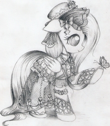 Size: 1395x1590 | Tagged: safe, artist:nika191319, fluttershy, butterfly, pegasus, pony, g4, clothes, cute, detailed, dress, female, folded wings, hat, holding, looking at something, mare, monochrome, profile, raised hoof, shyabetes, simple background, sketch, smiling, traditional art, white background