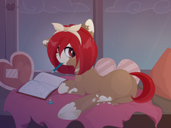 Size: 4000x3000 | Tagged: safe, artist:xsatanielx, oc, oc only, pony, rcf community, book, butt, dock, featureless crotch, female, mouth hold, pencil, plot, solo, tail