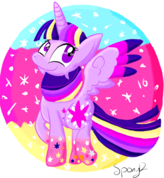 Size: 5000x5414 | Tagged: safe, artist:spony12, twilight sparkle, alicorn, pony, g4, absurd resolution, female, mare, rainbow power, smiling, solo, spread wings, starry eyes, twilight sparkle (alicorn), wingding eyes