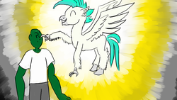 Size: 1280x720 | Tagged: safe, artist:horsesplease, terramar, oc, oc:anon, angel, hippogriff, g4, boop, flying, glowing, grin, happy, paint tool sai, smiling