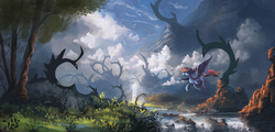 Size: 2250x1080 | Tagged: safe, artist:shamanguli, rainbow dash, pegasus, pony, g4, cloud, female, flying, mare, river, scenery, scenery porn, solo, torrent, tree, valley, waterfall